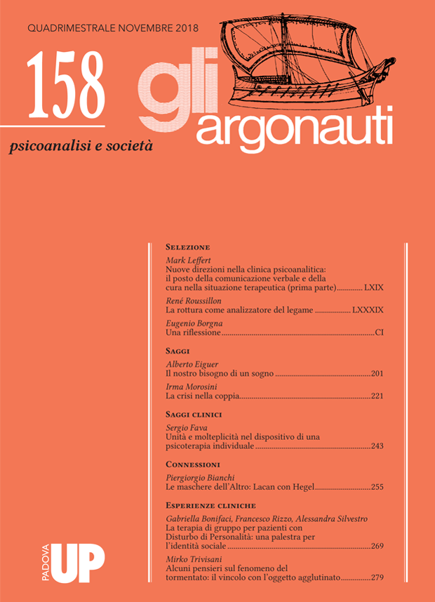 Copertina del n. 158 della rivista Gli Argonauti Psicoanalisi e Società